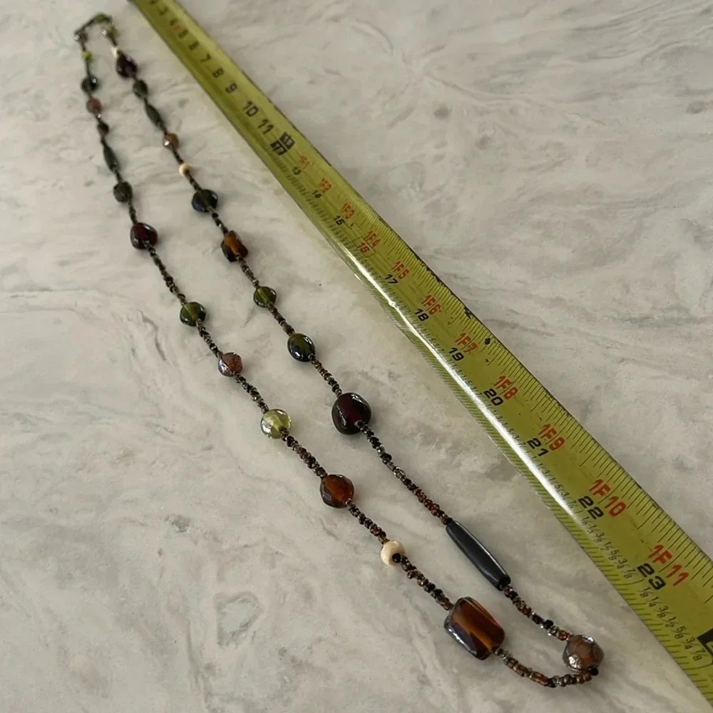 Beaded long necklace glass brown green tan  boho casual